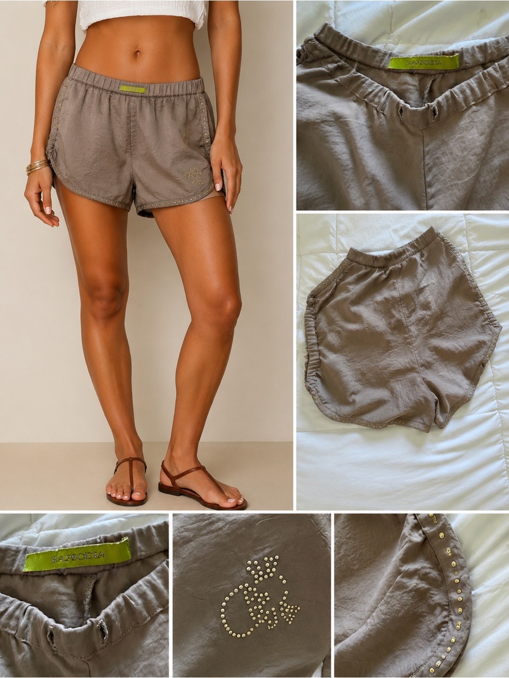 Rapsodia Women's Athletic Relaxed Shorts in Taupe with Stud Detail